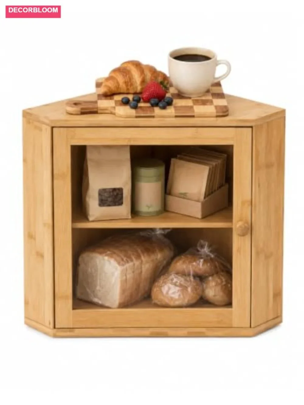 2 Tier Bamboo Bread Box Corner Kitchen Countertop Organizer Storage Container